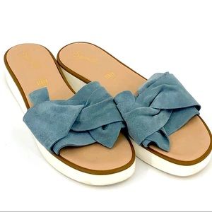Seychelles Coast - Mid-Blue Suede Knotted Platform Slide Sandal
